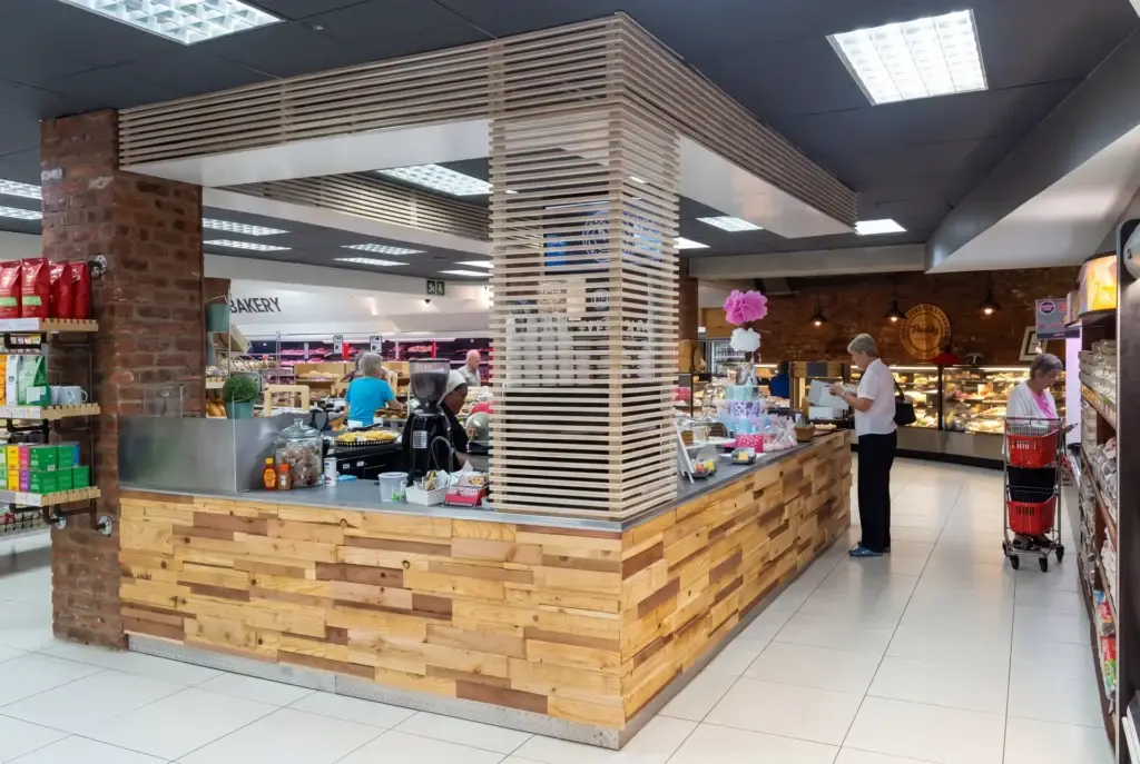 Grocery store food court fit-out with custom counters and retail finishes
