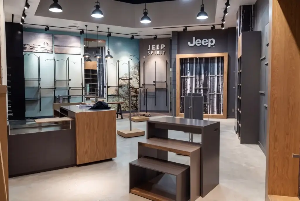 Custom Jeep retail store fixtures and contemporary shopfitting design